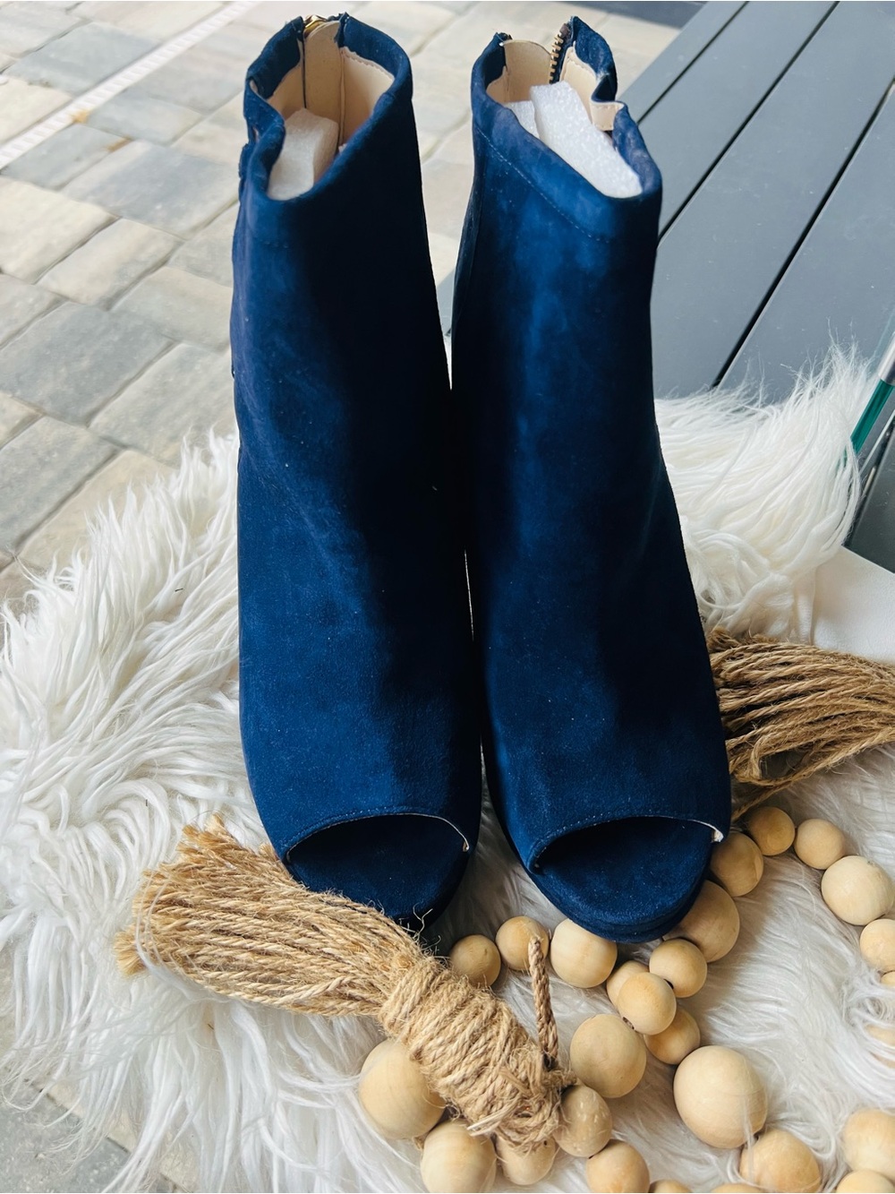 Nine West Navy Blue Suede Peep-Toe Lattice Ankle Booties - Picture 3 of 6